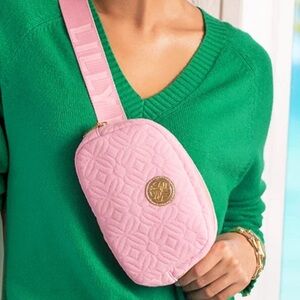 Lilly Pulitzer Pink Quilted Crossbody Bag with Gold Emblem
